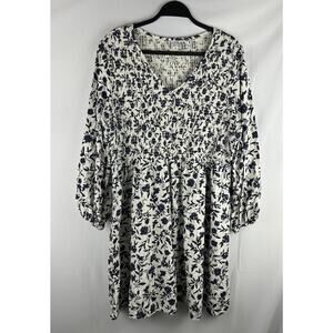 Old Navy Smocked Midi Dress Women’s XXL White Navy Floral 3/4 Sleeves Prairie
